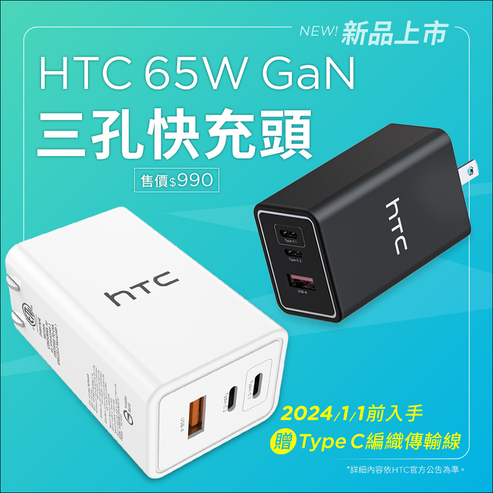HTC 65W GaN 三孔快充頭推出,早鳥再送 Type-C 編織傳輸線 - 電腦王阿達 HTC 65W GaN 三孔快充頭推出,早鳥再送 Type-C 編織傳輸線 - 電腦王阿達