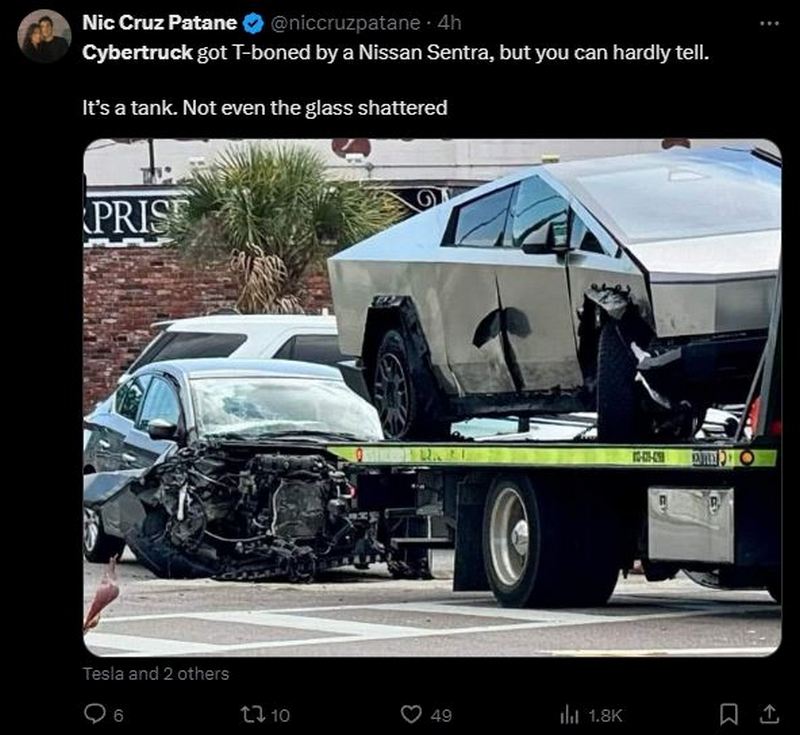 特斯拉 Cybertruck 與 Nissan Sentra 發生車禍,Cybertruck 僅板金損傷,對方車頭全毀 - 電腦王阿達 特斯拉 Cybertruck 與 Nissan Sentra 發生車禍,Cybertruck 僅板金損傷,對方車頭全毀 - 電腦王阿達