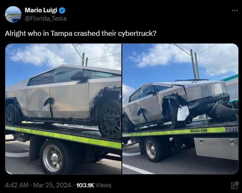 特斯拉 Cybertruck 與 Nissan Sentra 發生車禍，Cybertruck 僅板金損傷，對方車頭全毀 - 電腦王阿達