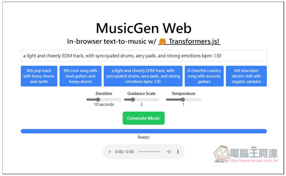 「MusicGen Web」免費線上 AI 音樂生成工具,最長可生成 30 秒 - 電腦王阿達 「MusicGen Web」免費線上 AI 音樂生成工具,最長可生成 30 秒 - 電腦王阿達