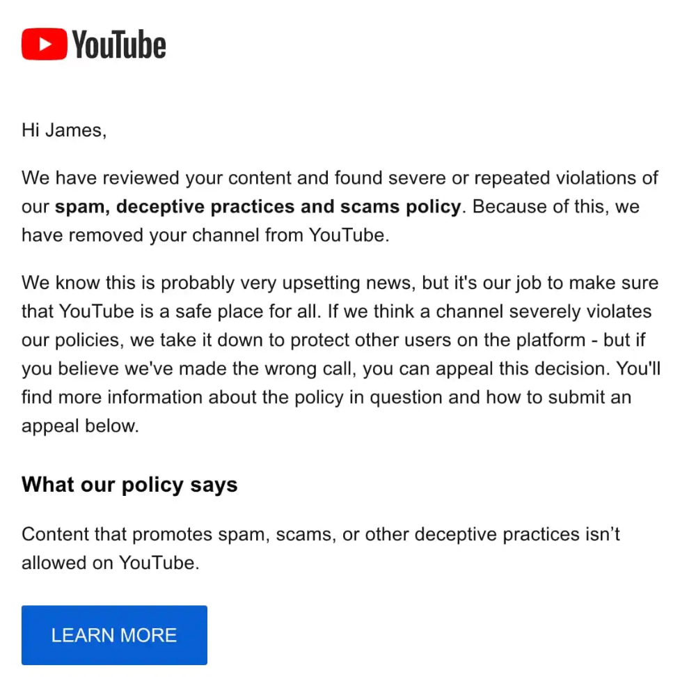 YouTube 加緊修復了誤刪帳號與影片問題,被刪頻道已重新上線 - 電腦王阿達 YouTube 大出包錯殺刪除封鎖部分帳號,即使他們從未上傳過影片也因詐騙違規被罰 - 電腦王阿達