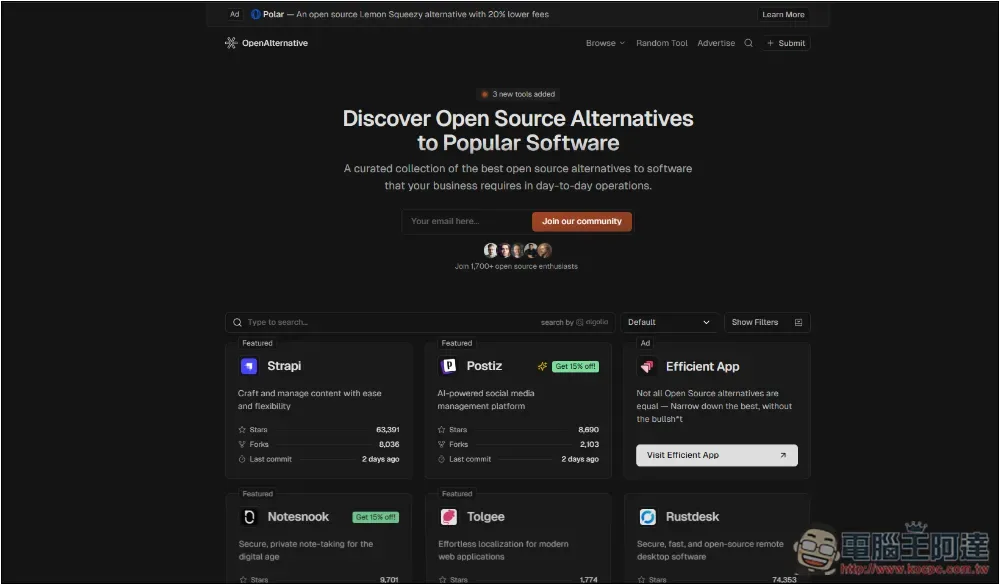 OpenAlternative 集結超過 400 款免費開源工具,輕鬆找到付費版的替代品 - 電腦王阿達 OpenAlternative 集結超過 400 款免費開源工具,輕鬆找到付費版的替代品 - 電腦王阿達