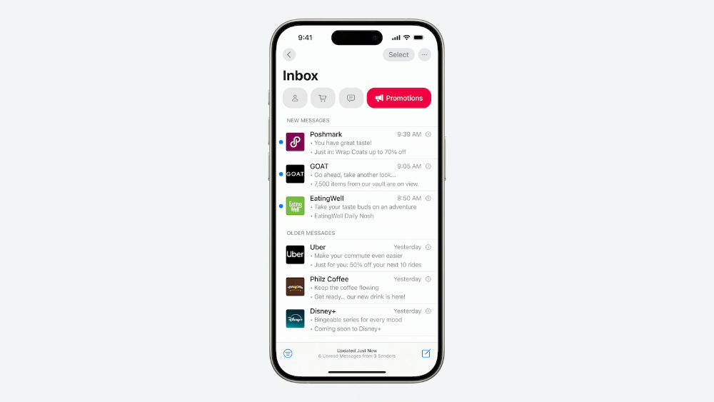 iOS 18.2 Apple Mail app 介面大改版 iOS 18.2 Apple Mail app 介面大改版