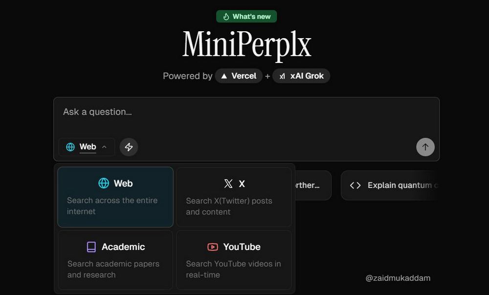 免費開源「MiniPerplx」AI搜尋引擎與 xAI 合作,可深入搜尋網路、學術內容、X 貼文及 YouTube 影片 - 電腦王阿達 免費開源「MiniPerplx」AI搜尋引擎與 xAI 合作,可深入搜尋網路、學術內容、X 貼文及 YouTube 影片 - 電腦王阿達