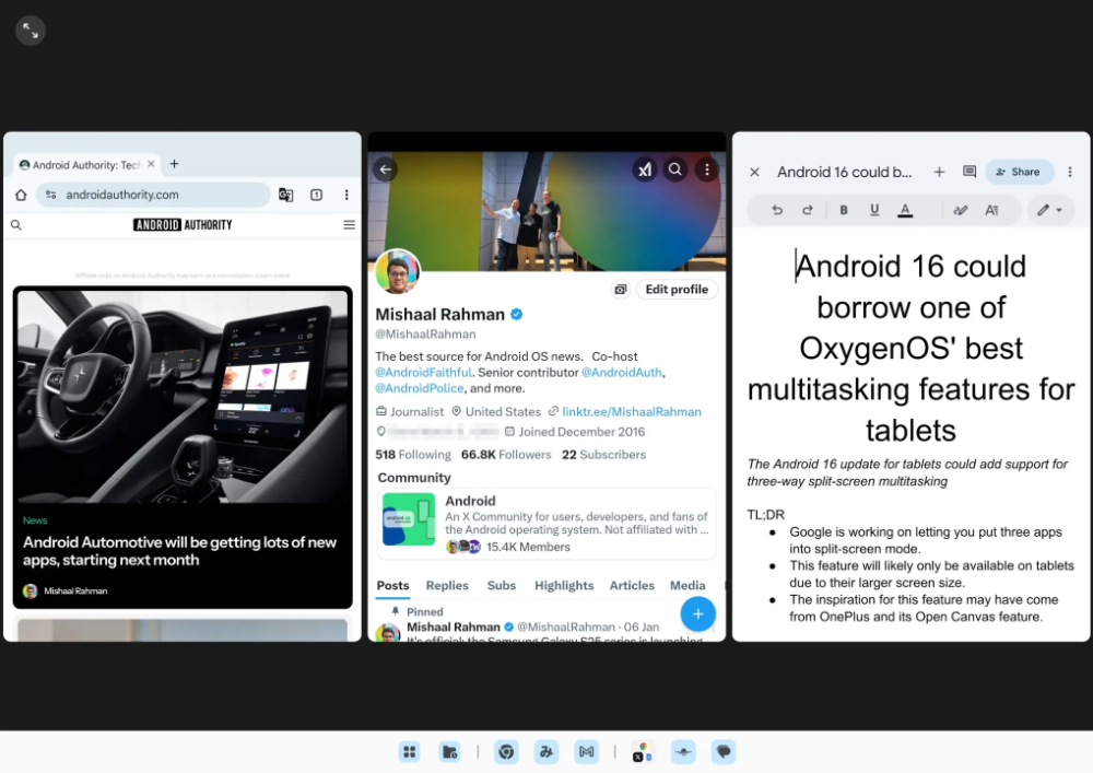 Android 16 測試同時開啟 3 個應用的螢幕分割平板多工功能 Android 16 測試同時開啟 3 個應用的螢幕分割平板多工功能