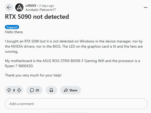 才剛開賣就傳災情?國外 RTX 5090D、RTX 5090 用戶碰到顯卡變磚、無法偵測的情況 - 電腦王阿達 才剛開賣就傳災情?國外 RTX 5090D、RTX 5090 用戶碰到顯卡變磚、無法偵測的情況 - 電腦王阿達