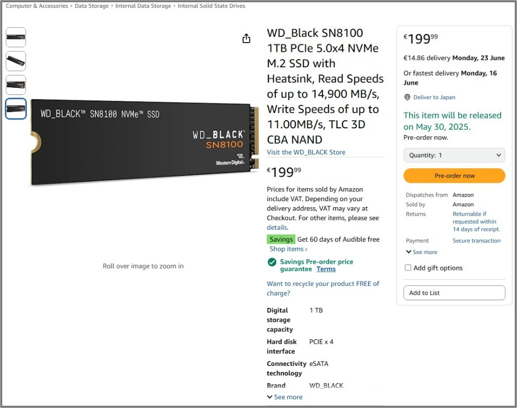 WD 未發表 SSD 現身 Amazon,讀取速度達 14,900MB/s 功耗卻只要 7W 以下 - 電腦王阿達 WD 未發表 SSD 現身 Amazon,讀取速度達 14,900MB/s 功耗卻只要 7W 以下 - 電腦王阿達