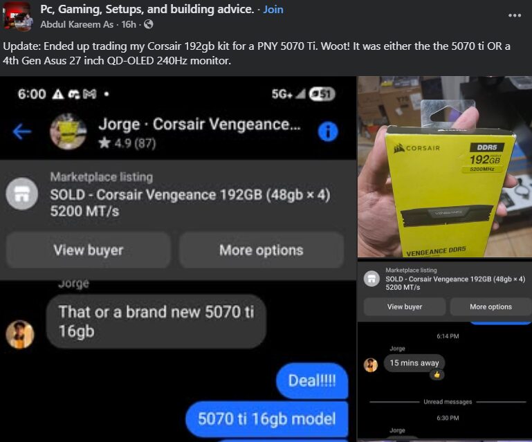 國外網友用一組 192GB 記憶體成功換到一張 RTX 5070 Ti 顯示卡 - 電腦王阿達 國外網友用一組 192GB 記憶體成功換到一張 RTX 5070 Ti 顯示卡 - 電腦王阿達