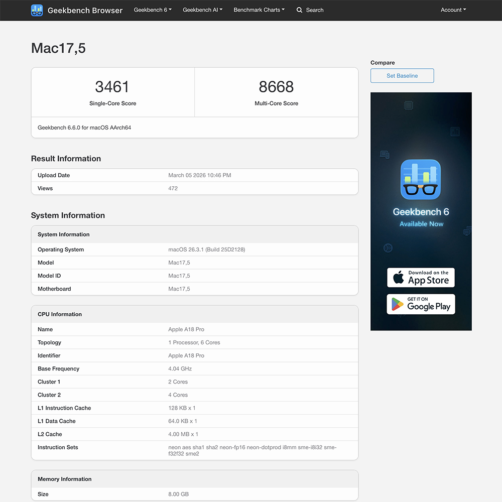 MacBook Neo 首個效能跑分出爐!與 M1 MacBook Air 相當 - 電腦王阿達 MacBook Neo 首個效能跑分出爐!與 M1 MacBook Air 相當 - 電腦王阿達