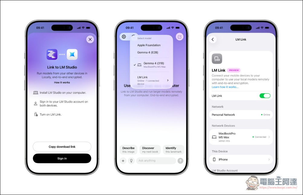 LM Studio 與 Apple 聯手在 WWDC 展示 4 台頂規 Mac Studio 跑 1 兆參數 Kimi K2.6 模型 - 電腦王阿達 LM Studio 推出 iPhone 遠端存取功能 LM Link:手機直連家中電腦,免費調用本地端 AI 模型 - 電腦王阿達