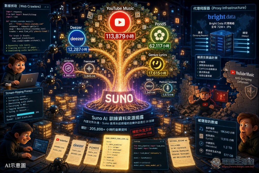 Suno AI 遭 Shai-Hulud 蠕蟲入侵,外洩原始碼揭露從 YouTube 抓取逾 11 萬小時音樂訓練模型 - 電腦王阿達 Suno AI 遭 Shai-Hulud 蠕蟲入侵,外洩原始碼揭露從 YouTube 抓取逾 11 萬小時音樂訓練模型 - 電腦王阿達