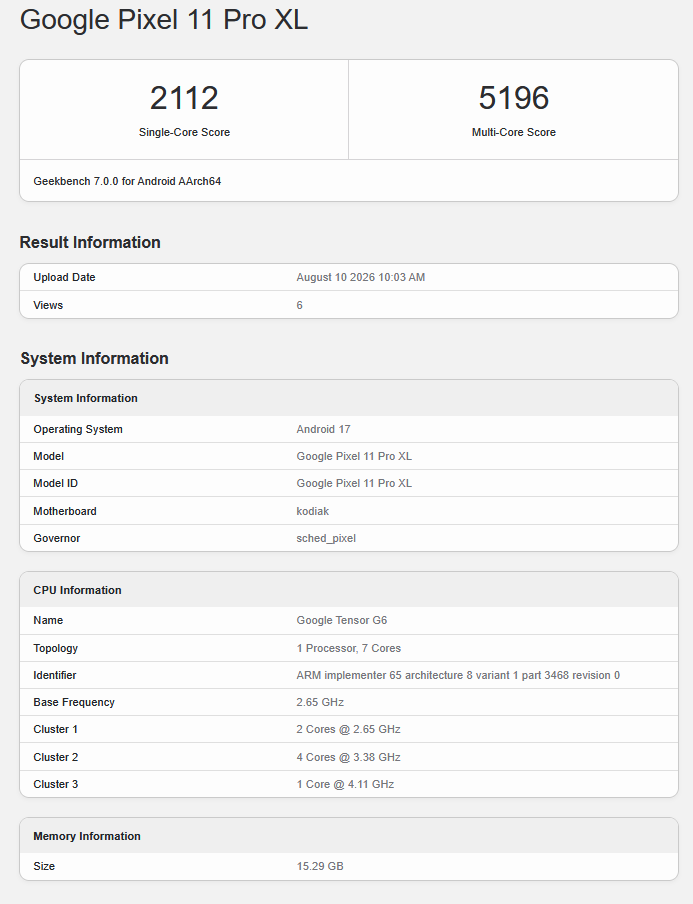Pixel 11 Pro XL 跑分現身 Geekbench 7!Tensor G6 效能搶先曝光 - 電腦王阿達 Pixel 11 Pro XL 跑分現身 Geekbench 7!Tensor G6 效能搶先曝光 - 電腦王阿達