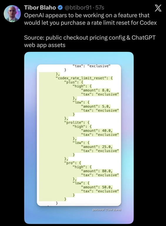 週額度快用完了怎麼辦?OpenAI 悄悄測試 Codex「付費重置」,花 8 美元就能立刻滿血再戰 - 電腦王阿達 週額度快用完了怎麼辦?OpenAI 悄悄測試 Codex「付費重置」,花 8 美元就能立刻滿血再戰 - 電腦王阿達
