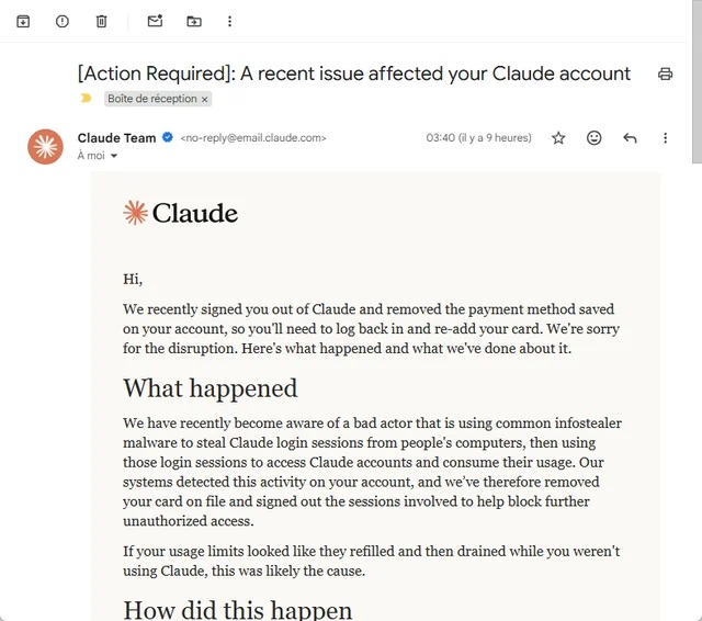 Claude 爆帳號遭竊用事件!駭客偷走登入 Session 狂吃使用額度,Anthropic 警告電腦可能已中毒 - 電腦王阿達 Claude 爆帳號遭竊用事件!駭客偷走登入 Session 狂吃使用額度,Anthropic 警告電腦可能已中毒 - 電腦王阿達
