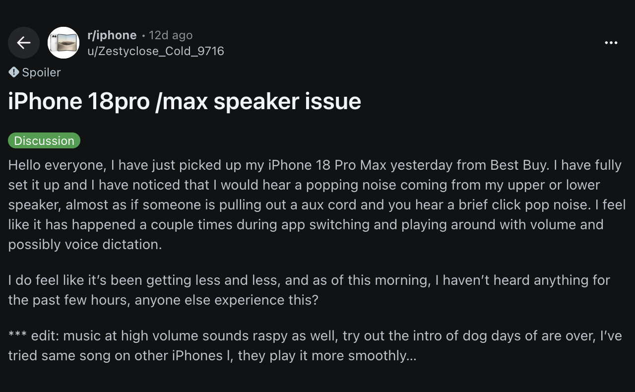 iPhone 18 Pro 傳詭異爆音災情!滑畫面、調亮度都會「喀一聲」,換新機也沒用 - 電腦王阿達 iPhone 18 Pro 傳詭異爆音災情!滑畫面、調亮度都會「喀一聲」,換新機也沒用 - 電腦王阿達