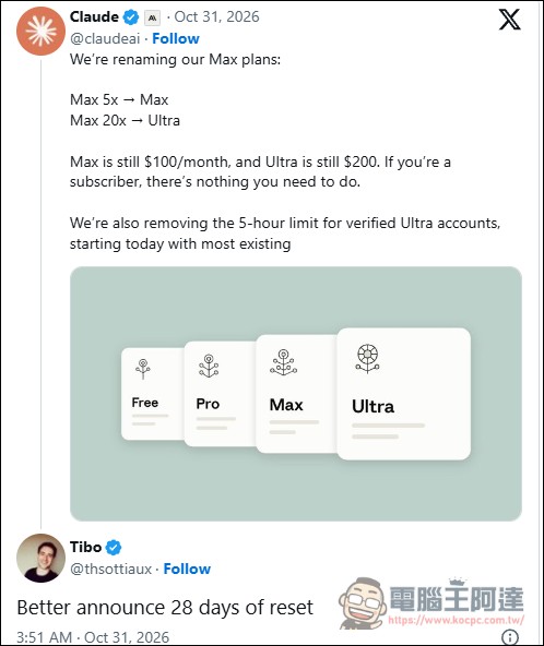 Anthropic 宣布修改 Claude 訂閱方案名稱,Max 200 改為 Ultra並拿掉 5 小時限制 - 電腦王阿達 Anthropic 宣布修改 Claude 訂閱方案名稱,Max 200 改為 Ultra並拿掉 5 小時限制 - 電腦王阿達
